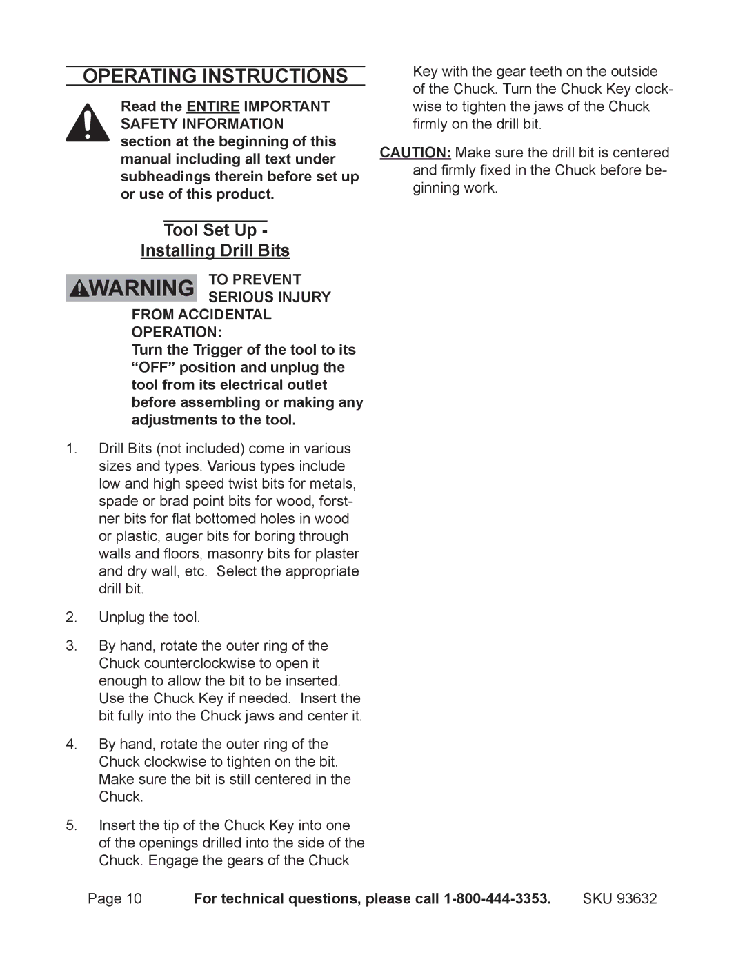 Chicago Electric 93632 operating instructions Operating Instructions, Tool Set Up Installing Drill Bits 