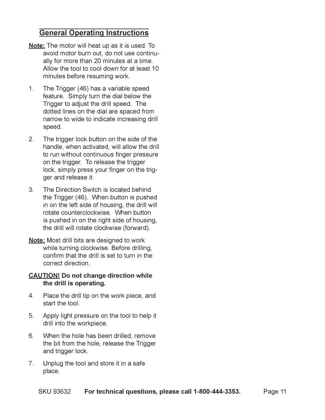 Chicago Electric 93632 operating instructions General Operating Instructions, SKU For technical questions, please call 