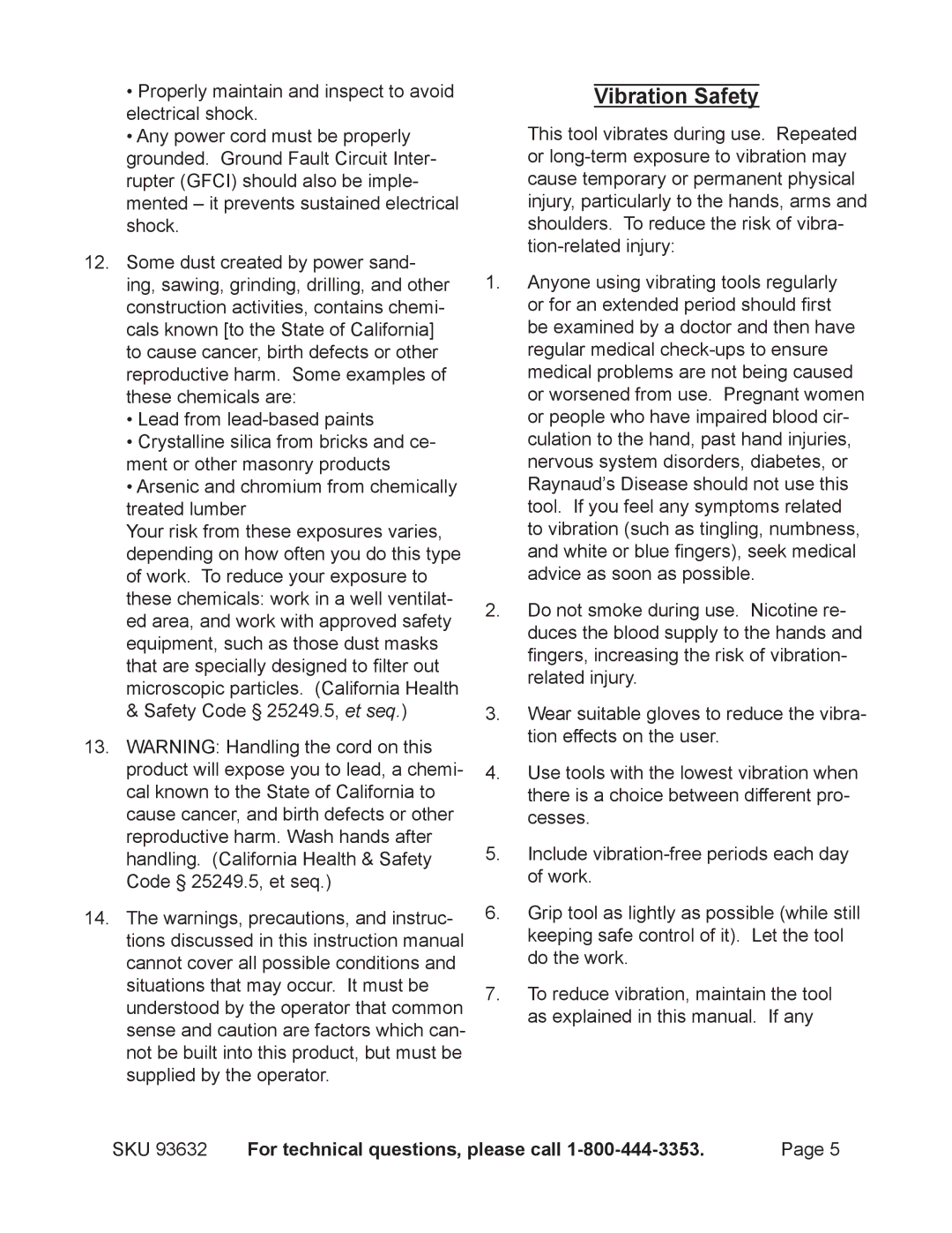 Chicago Electric 93632 operating instructions Vibration Safety 