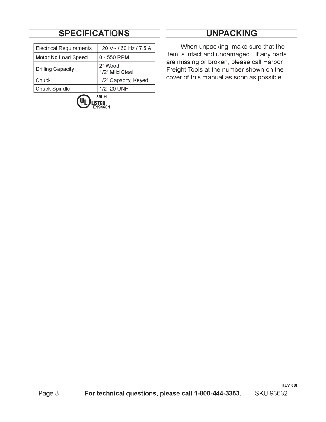 Chicago Electric 93632 operating instructions Specifications, Unpacking 