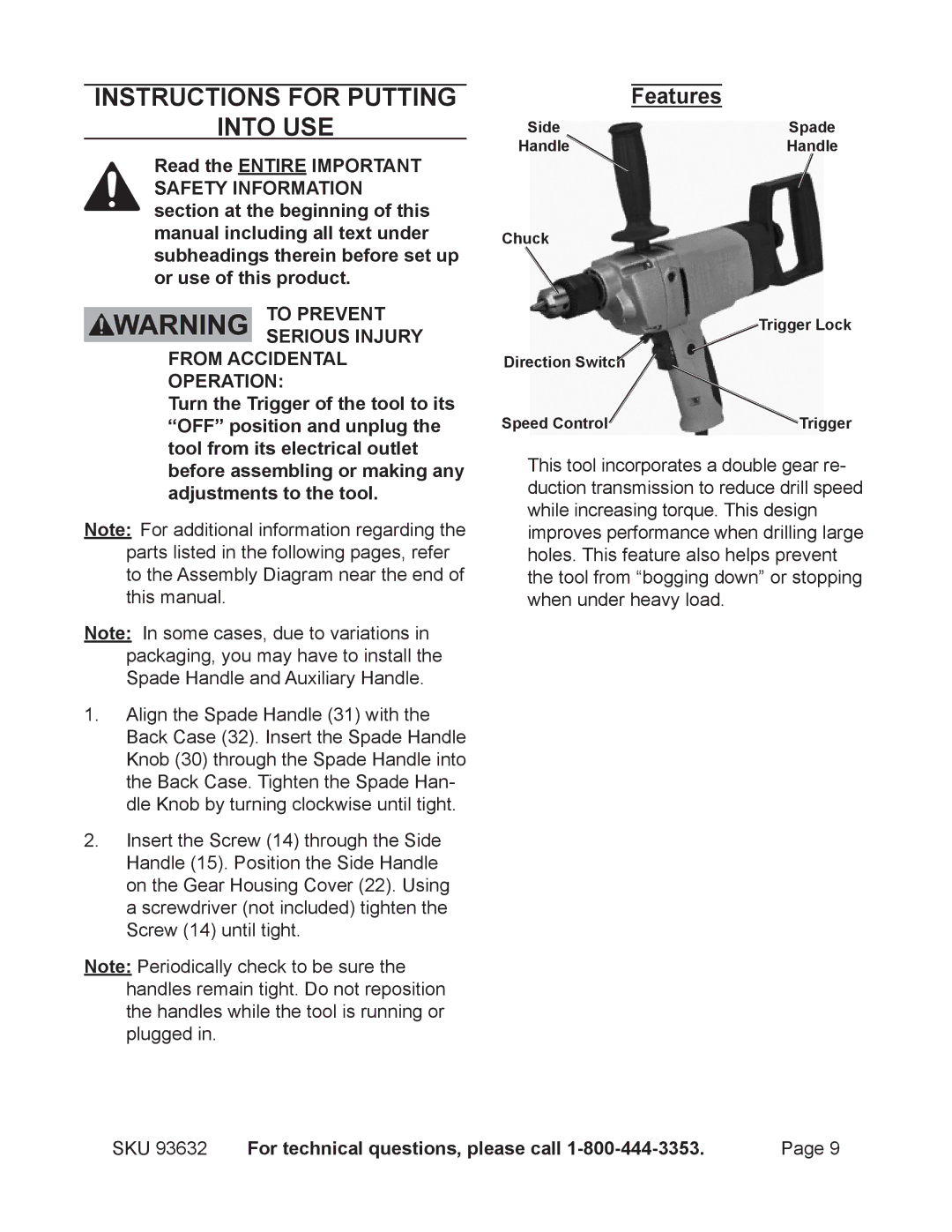 Chicago Electric 93632 operating instructions Instructions for putting Into use, Features 