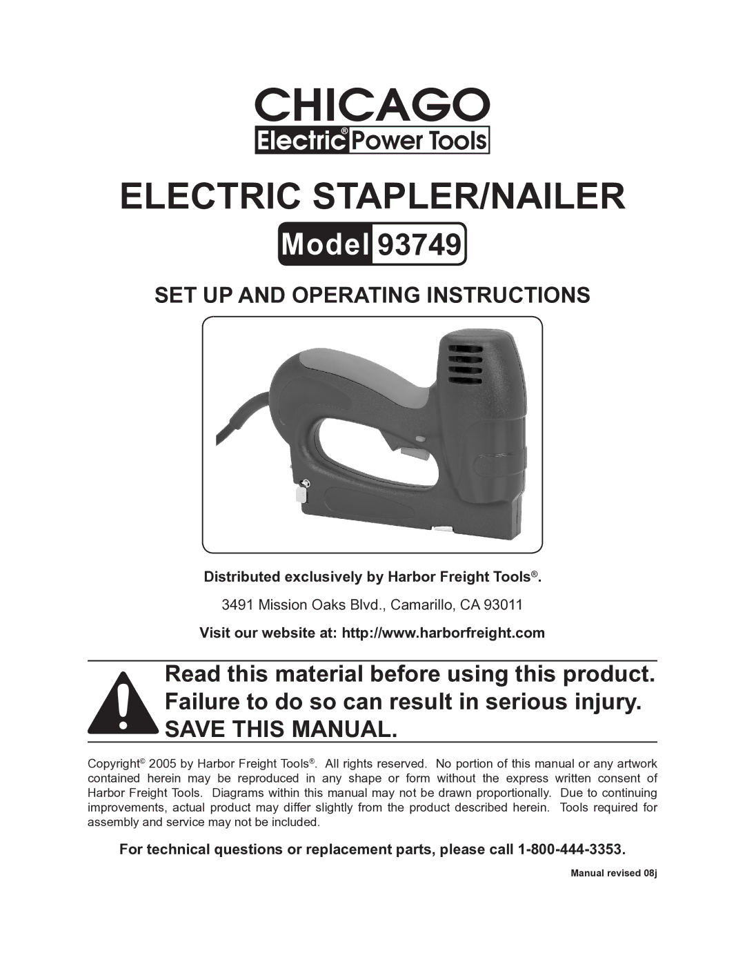 Chicago Electric 93749 operating instructions Distributed exclusively by Harbor Freight Tools 