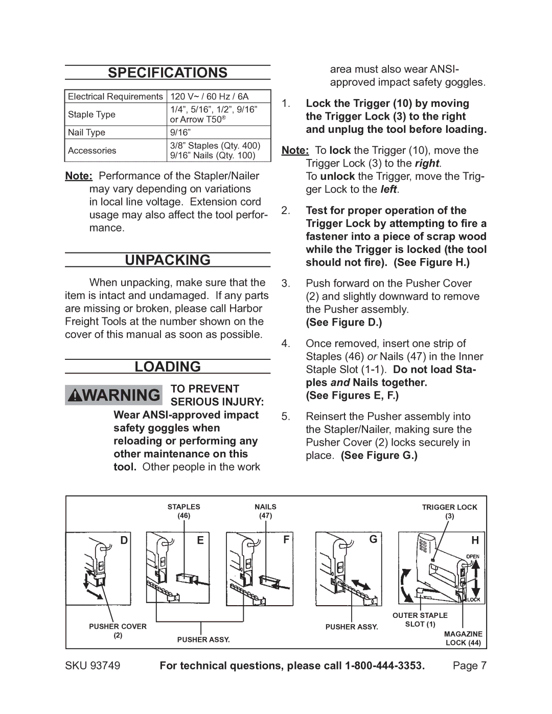 Chicago Electric 93749 operating instructions Specifications, Unpacking, Loading, See Figure D, See Figures E, F 