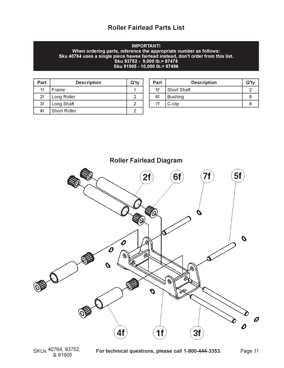 Chicago Electric 91905, 93752, 40764 manual Roller Fairlead Parts List, Roller Fairlead Diagram 