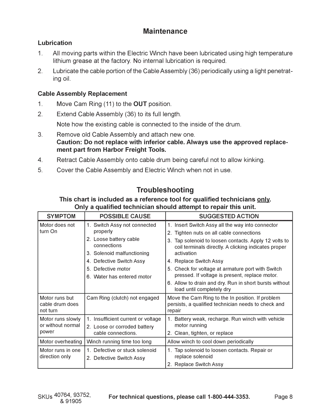 Chicago Electric 91905, 93752, 40764 manual Maintenance, Troubleshooting 