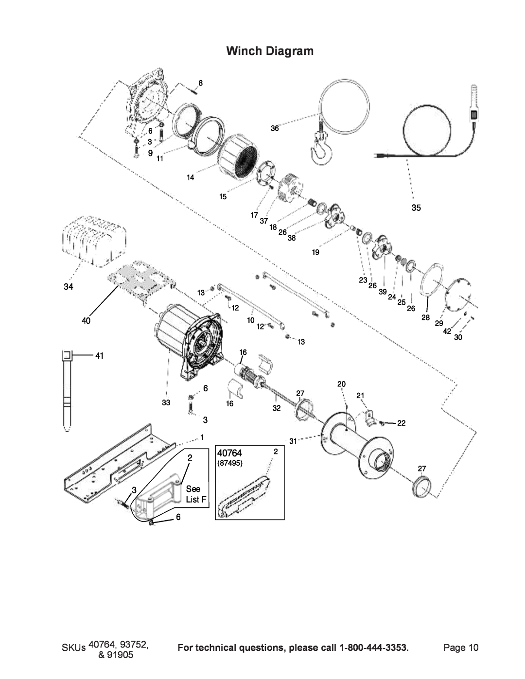 Chicago Electric 40764, 93752, 91905 manual Winch Diagram, SKUs, For technical questions, please call, Page 
