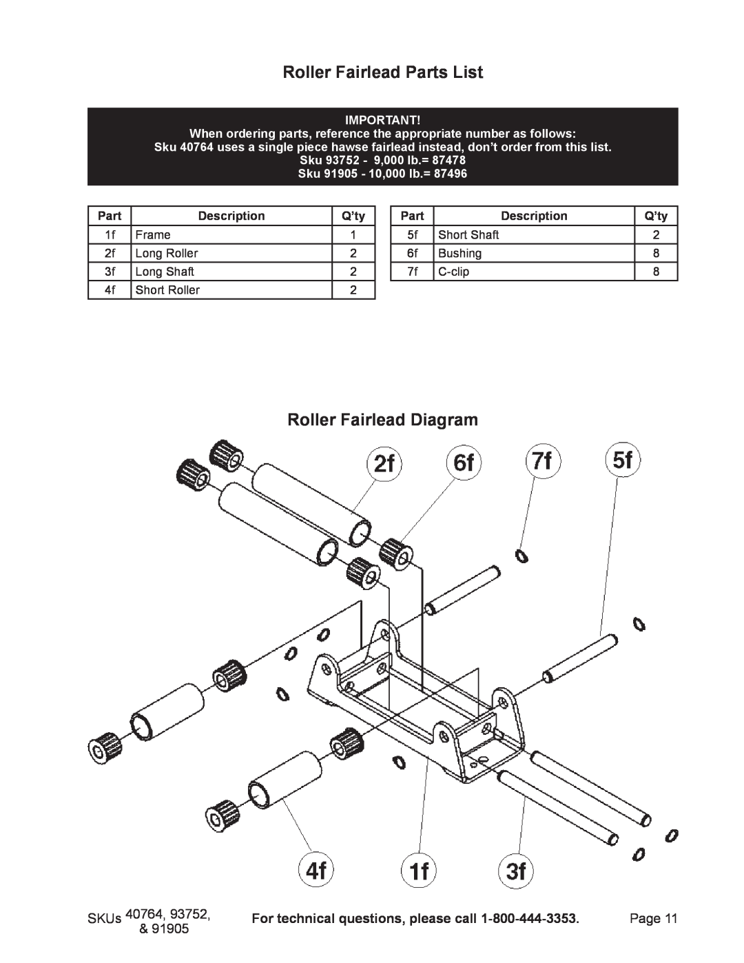 Chicago Electric 91905 Roller Fairlead Parts List, Roller Fairlead Diagram, SKUs, For technical questions, please call 