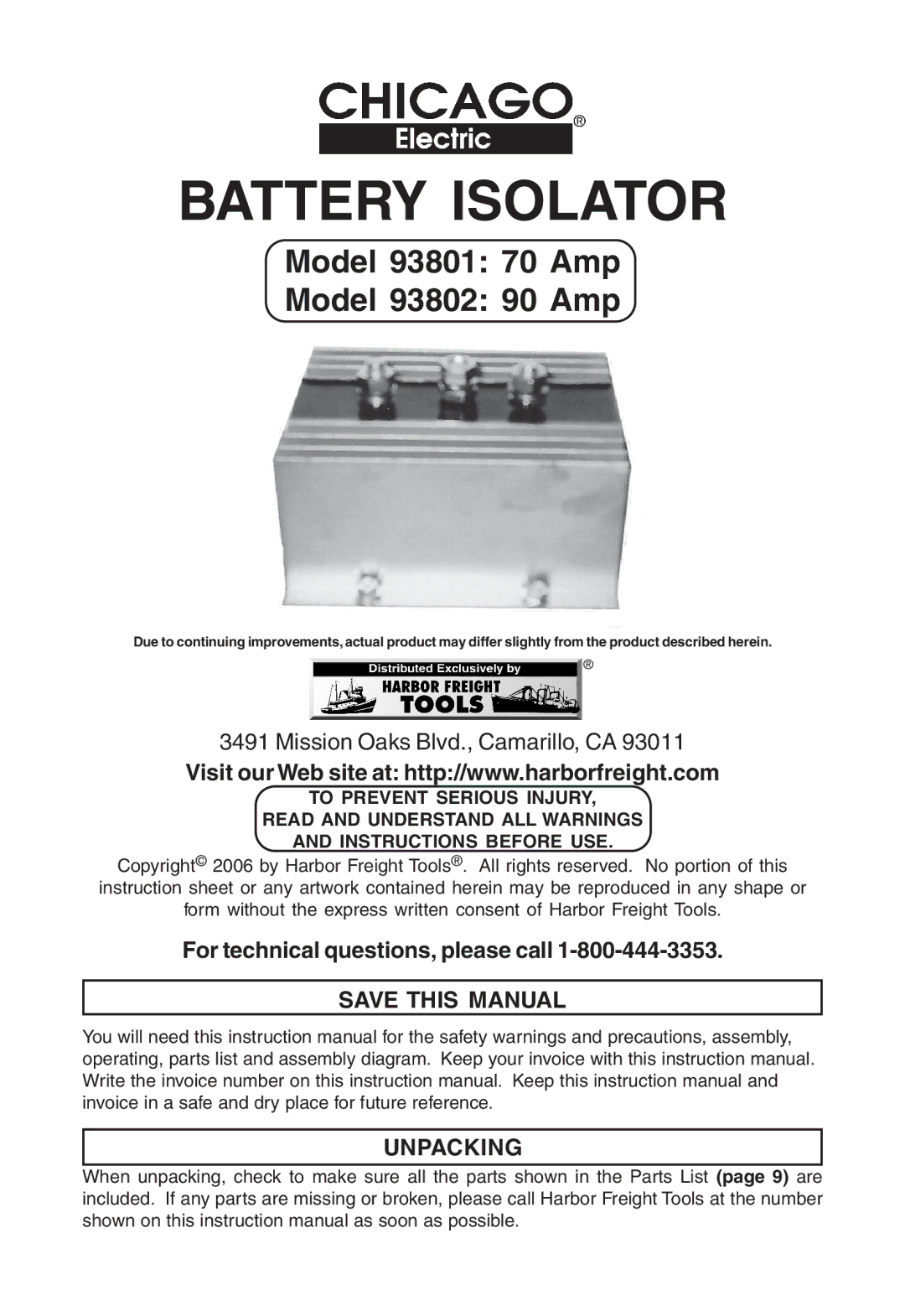 Chicago Electric 93801, 93802 instruction sheet Battery Isolator, Save this Manual Unpacking 