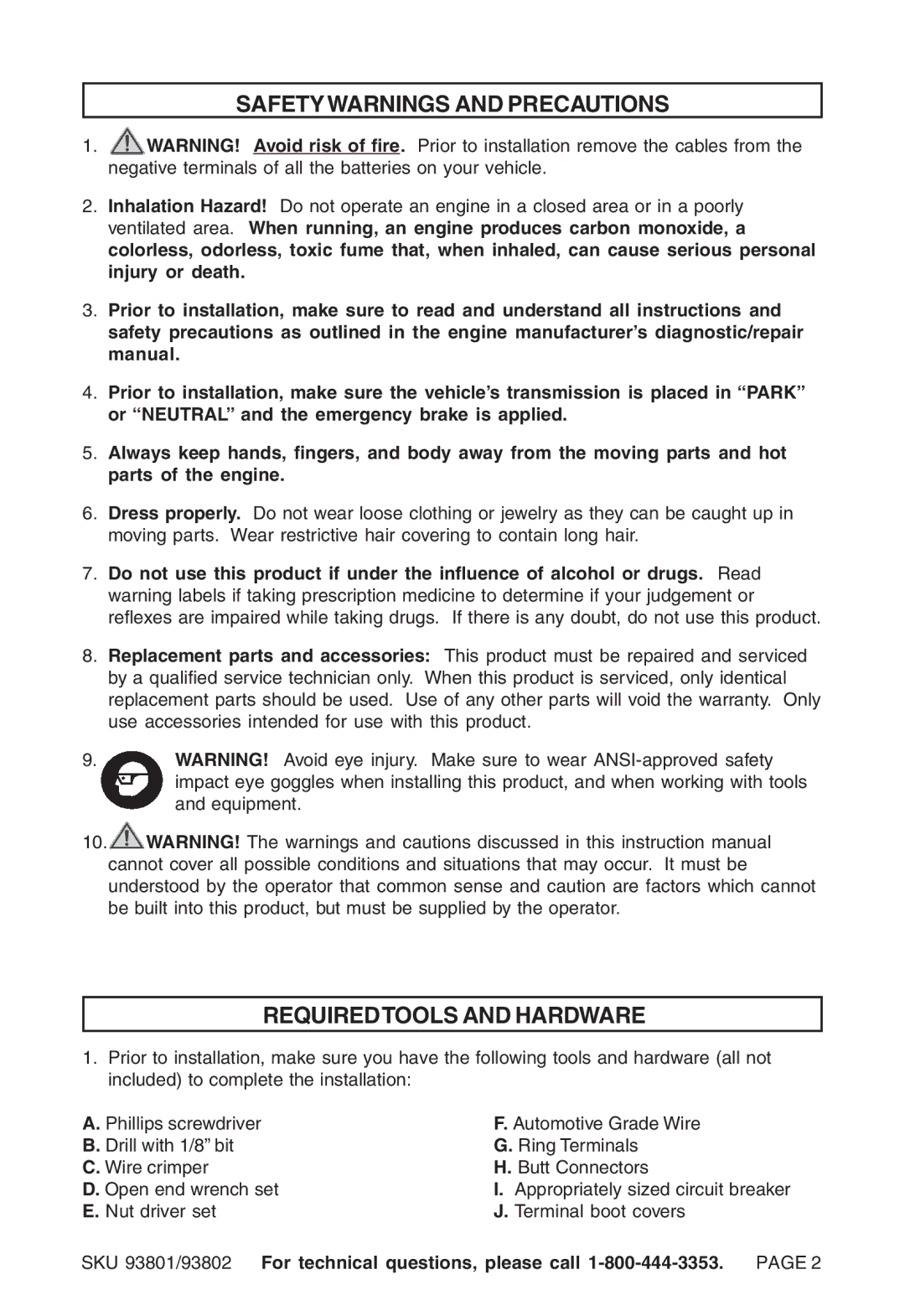 Chicago Electric 93802, 93801 instruction sheet Safetywarnings and Precautions, Requiredtools and Hardware 