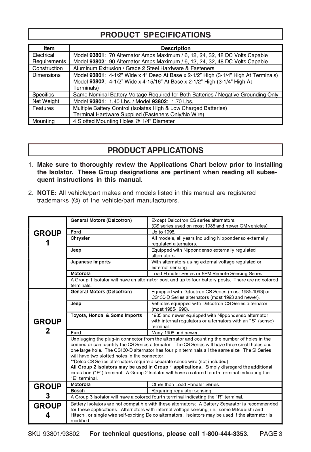 Chicago Electric 93801, 93802 instruction sheet Product Specifications, Product Applications 