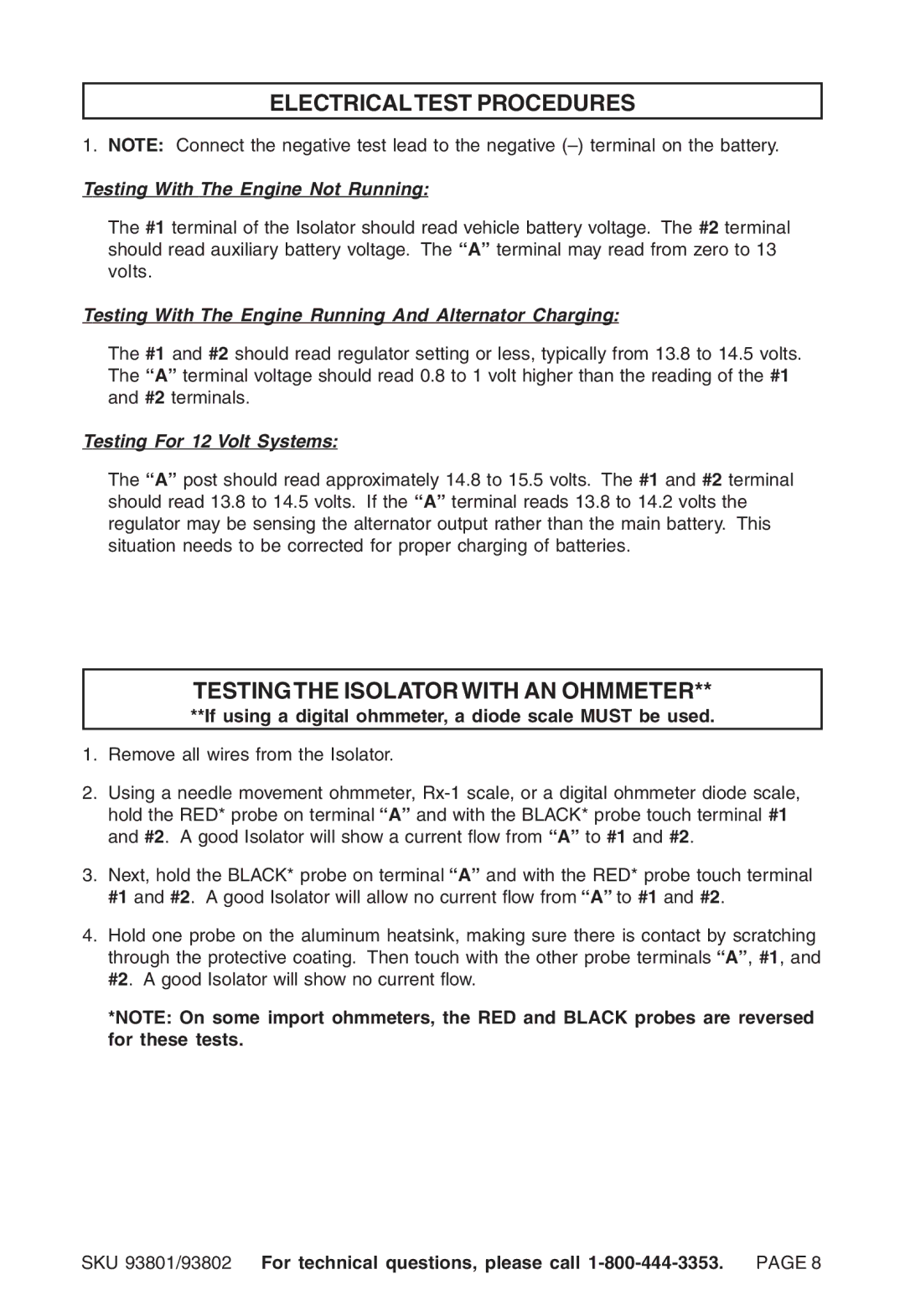 Chicago Electric 93802, 93801 instruction sheet Electricaltest Procedures, Testingthe Isolator with AN Ohmmeter 