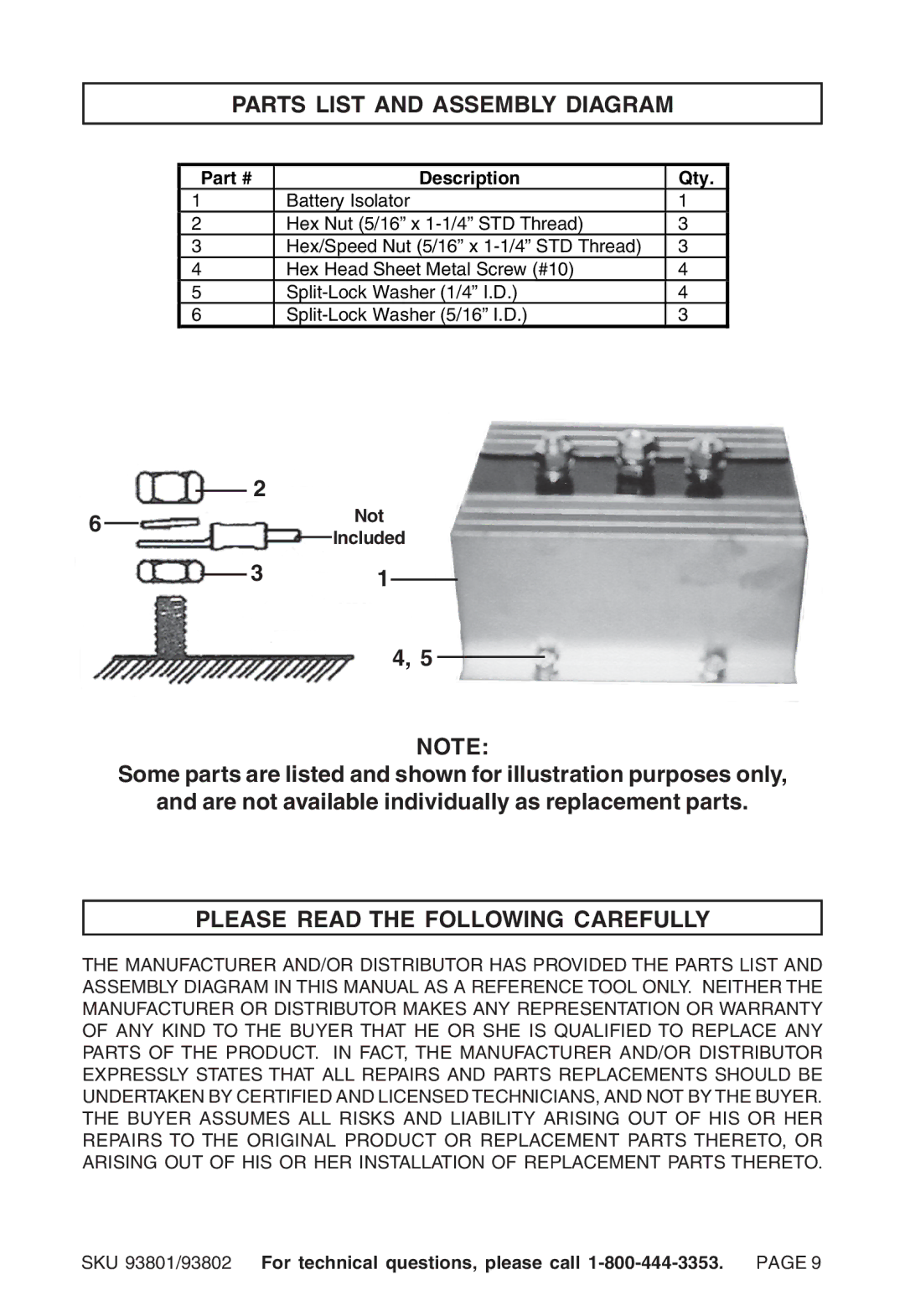 Chicago Electric 93801, 93802 instruction sheet Parts List and Assembly Diagram, Please Read the Following Carefully 