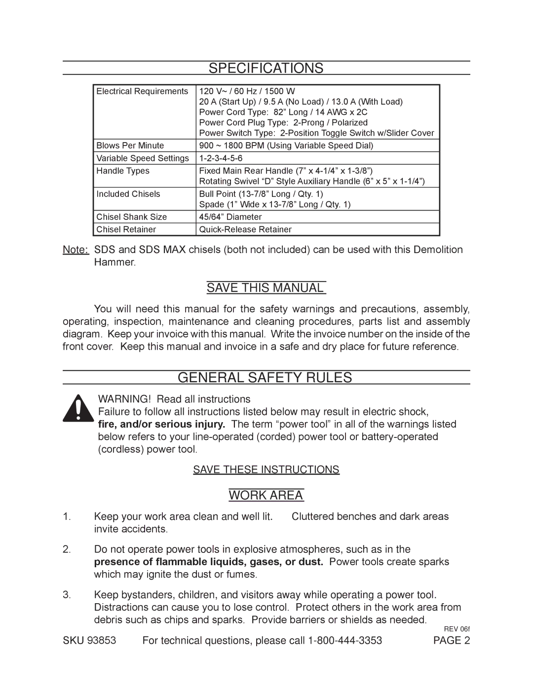 Chicago Electric 93853 operating instructions Specifications, General Safety Rules, Save this Manual, Work Area 