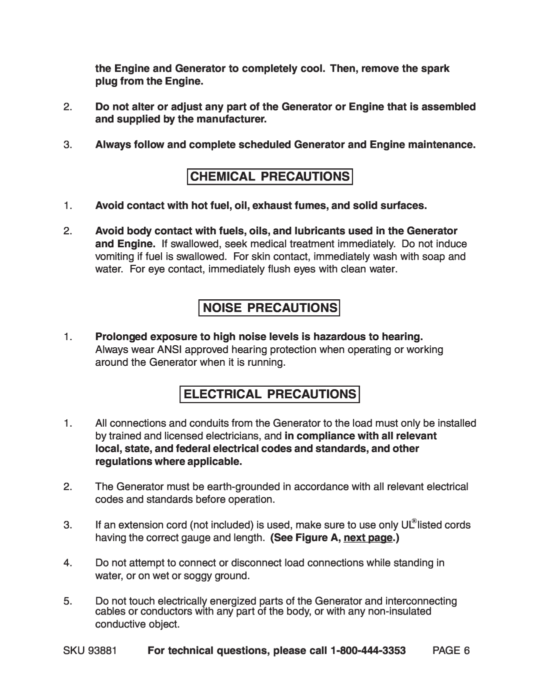 Chicago Electric 93881 operating instructions Chemical Precautions, Noise Precautions, Electrical Precautions 