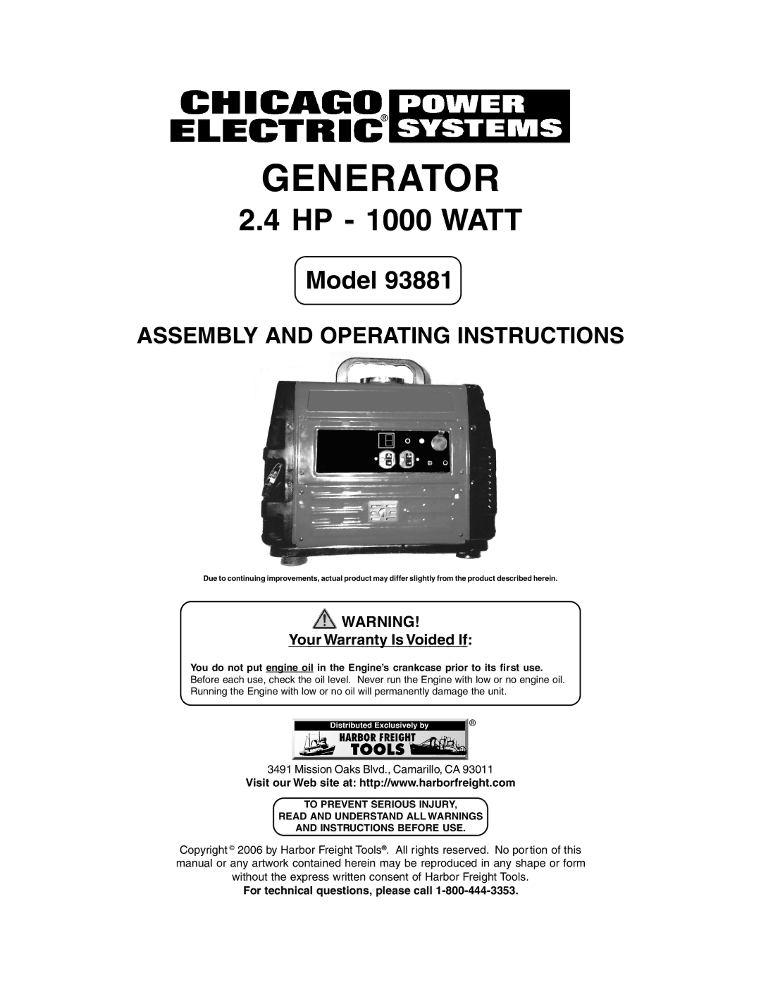 Chicago Electric 93881 operating instructions Generator, Your Warranty Is Voided If 