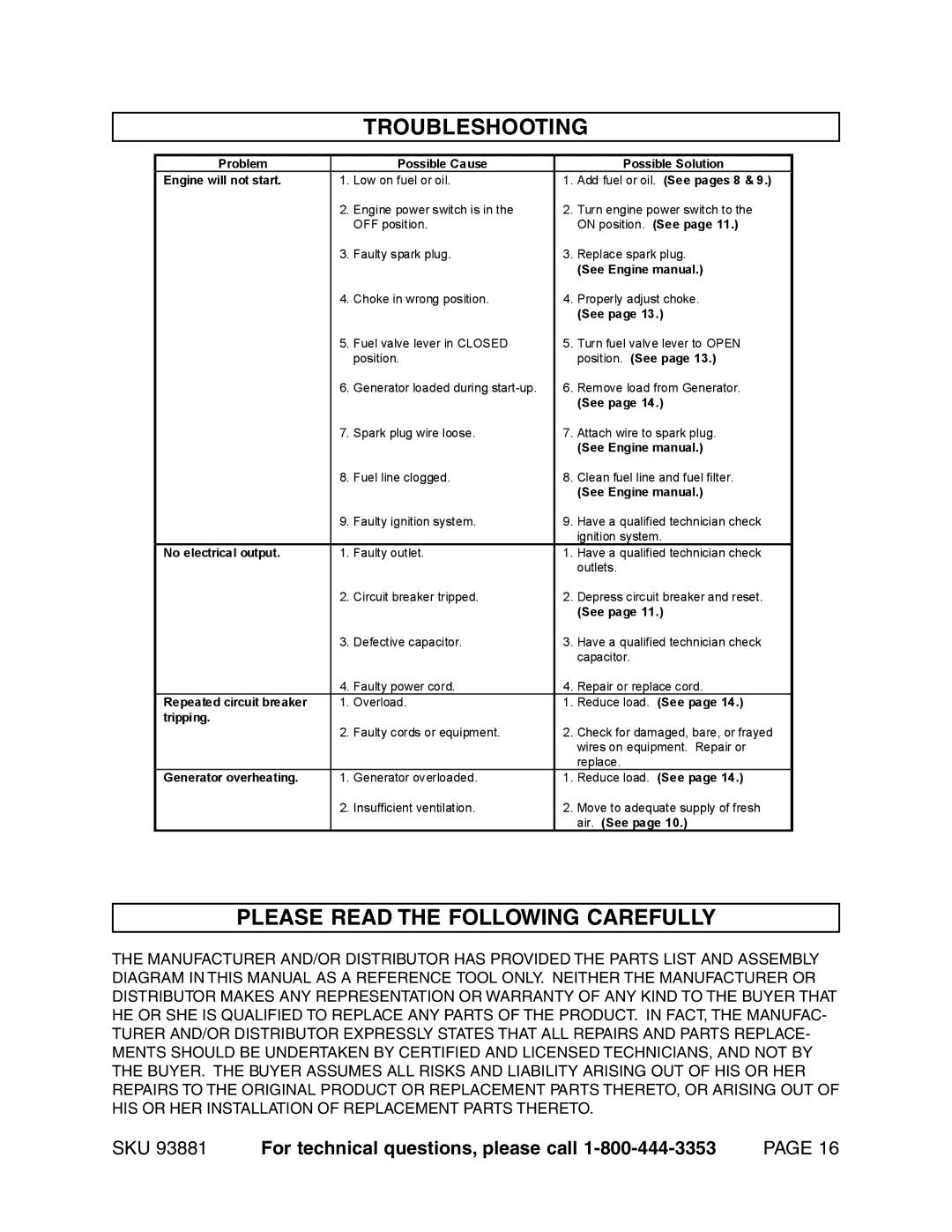 Chicago Electric 93881 operating instructions Troubleshooting, Please Read the Following Carefully 