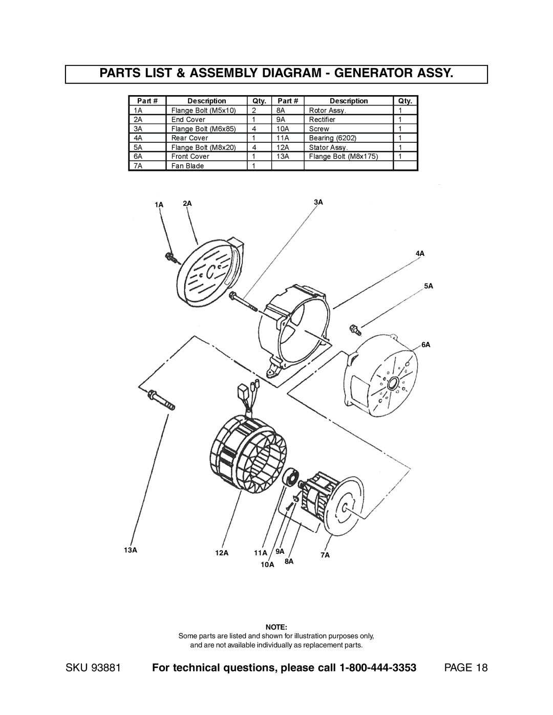 Chicago Electric 93881 operating instructions Parts List & Assembly Diagram Generator Assy, 13A 12A 11A 10A 8A 