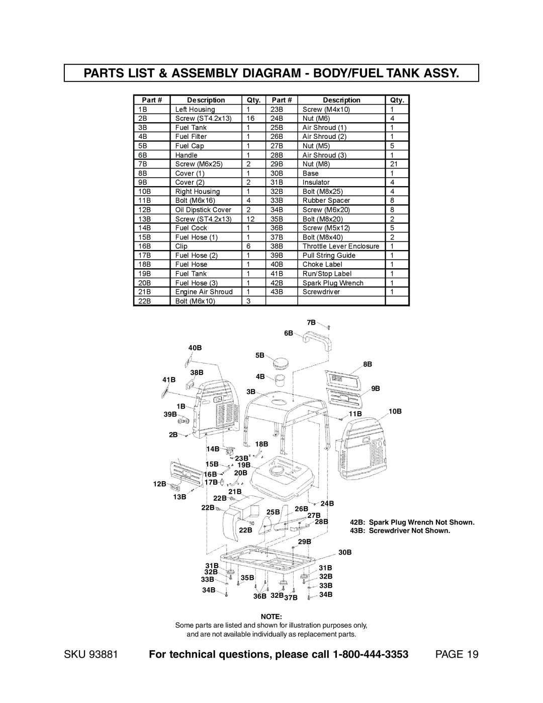 Chicago Electric 93881 operating instructions Parts List & Assembly Diagram BODY/FUEL Tank Assy 