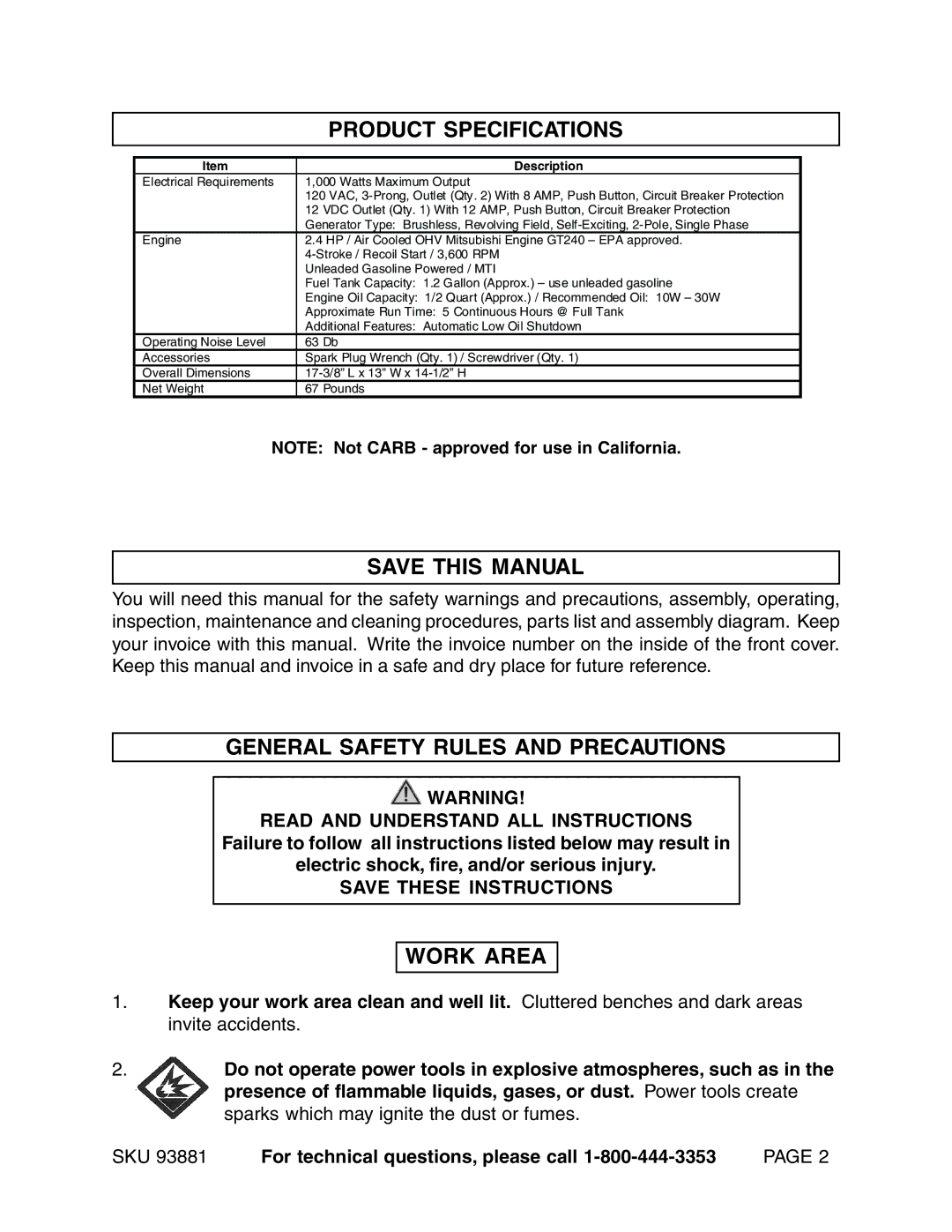 Chicago Electric 93881 Product Specifications, Save this Manual, General Safety Rules and Precautions, Work Area 