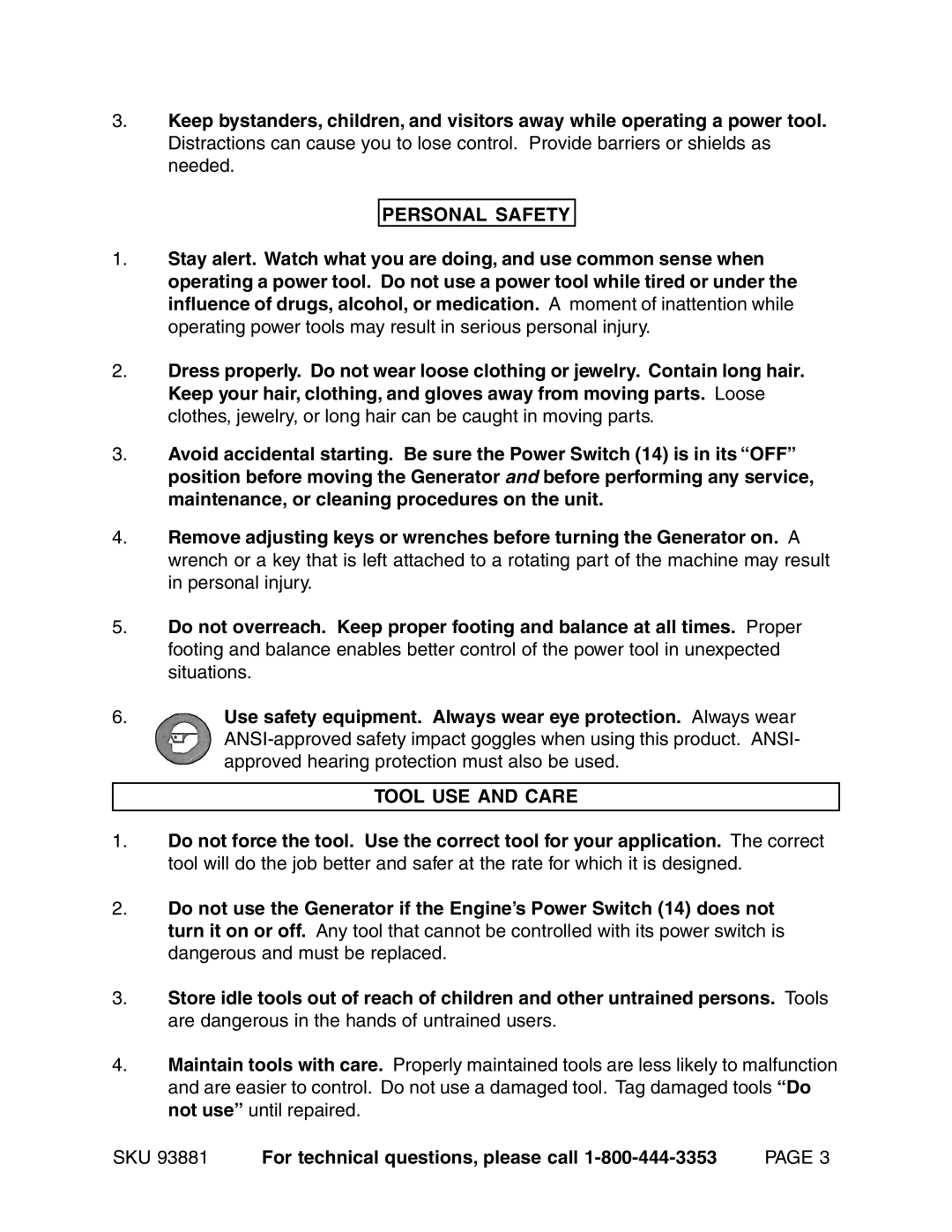 Chicago Electric 93881 operating instructions Personal Safety 