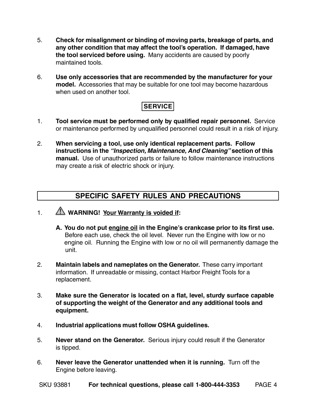 Chicago Electric 93881 operating instructions Specific Safety Rules and Precautions, Service 