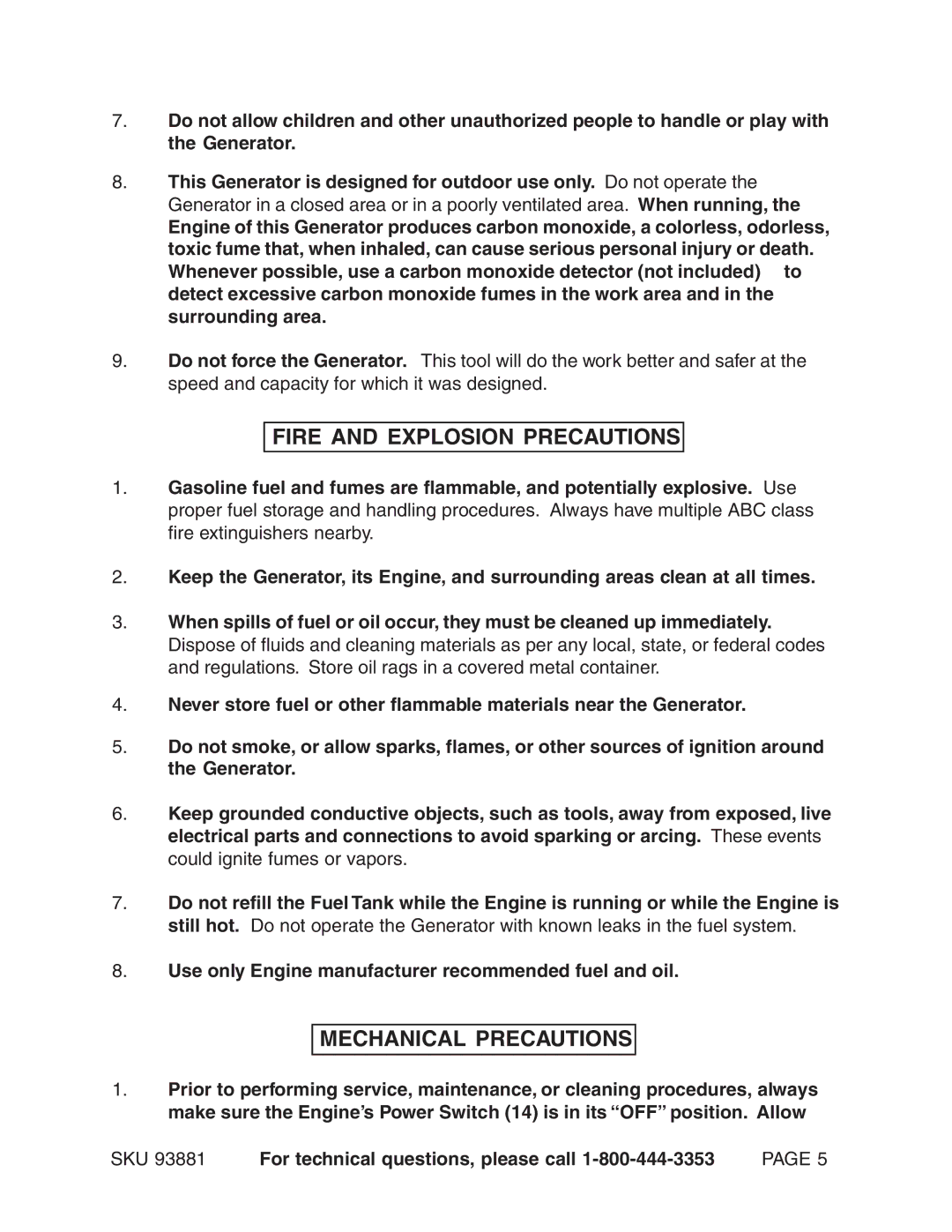 Chicago Electric 93881 operating instructions Fire and Explosion Precautions, Mechanical Precautions 