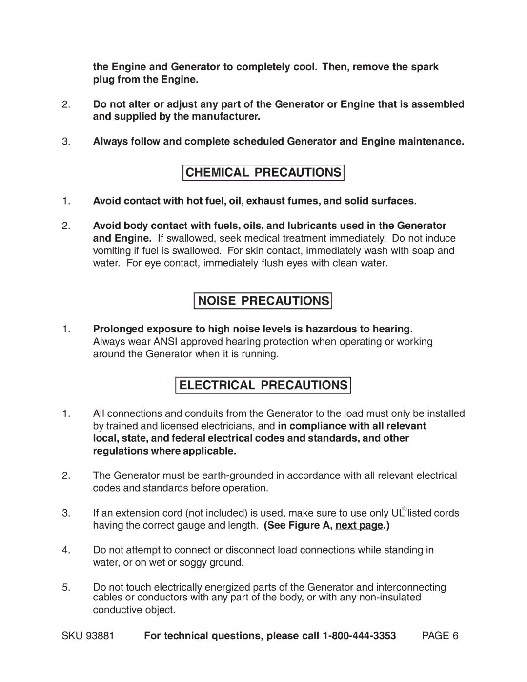 Chicago Electric 93881 operating instructions Chemical Precautions, Noise Precautions, Electrical Precautions 