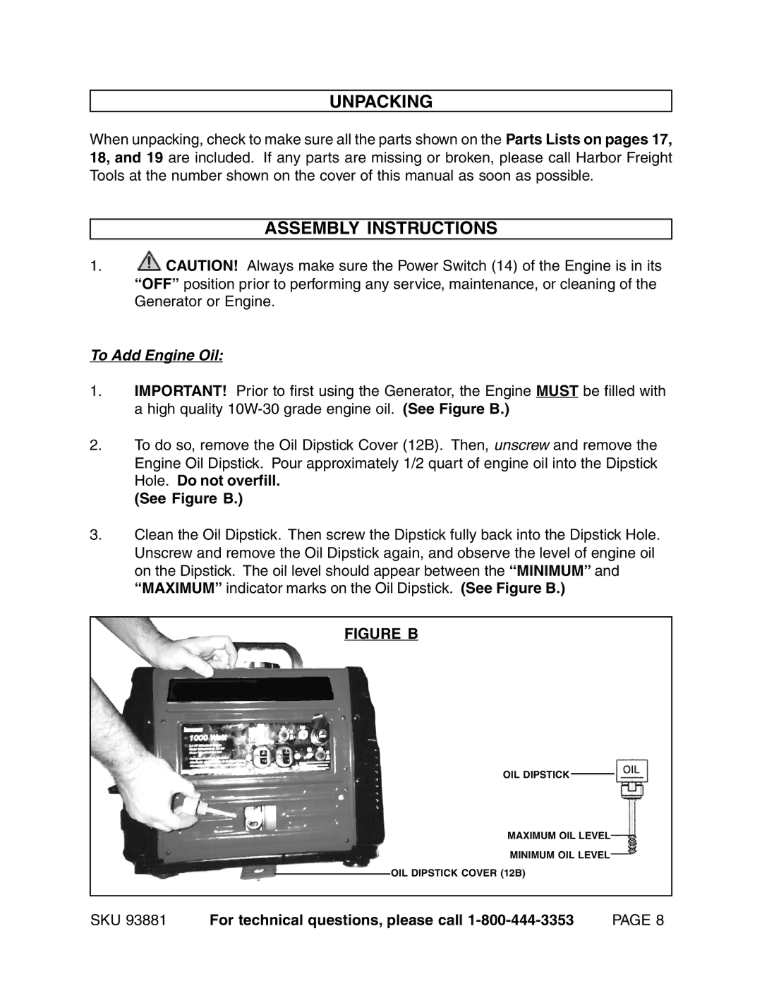 Chicago Electric 93881 operating instructions Unpacking, Assembly Instructions, To Add Engine Oil, See Figure B 