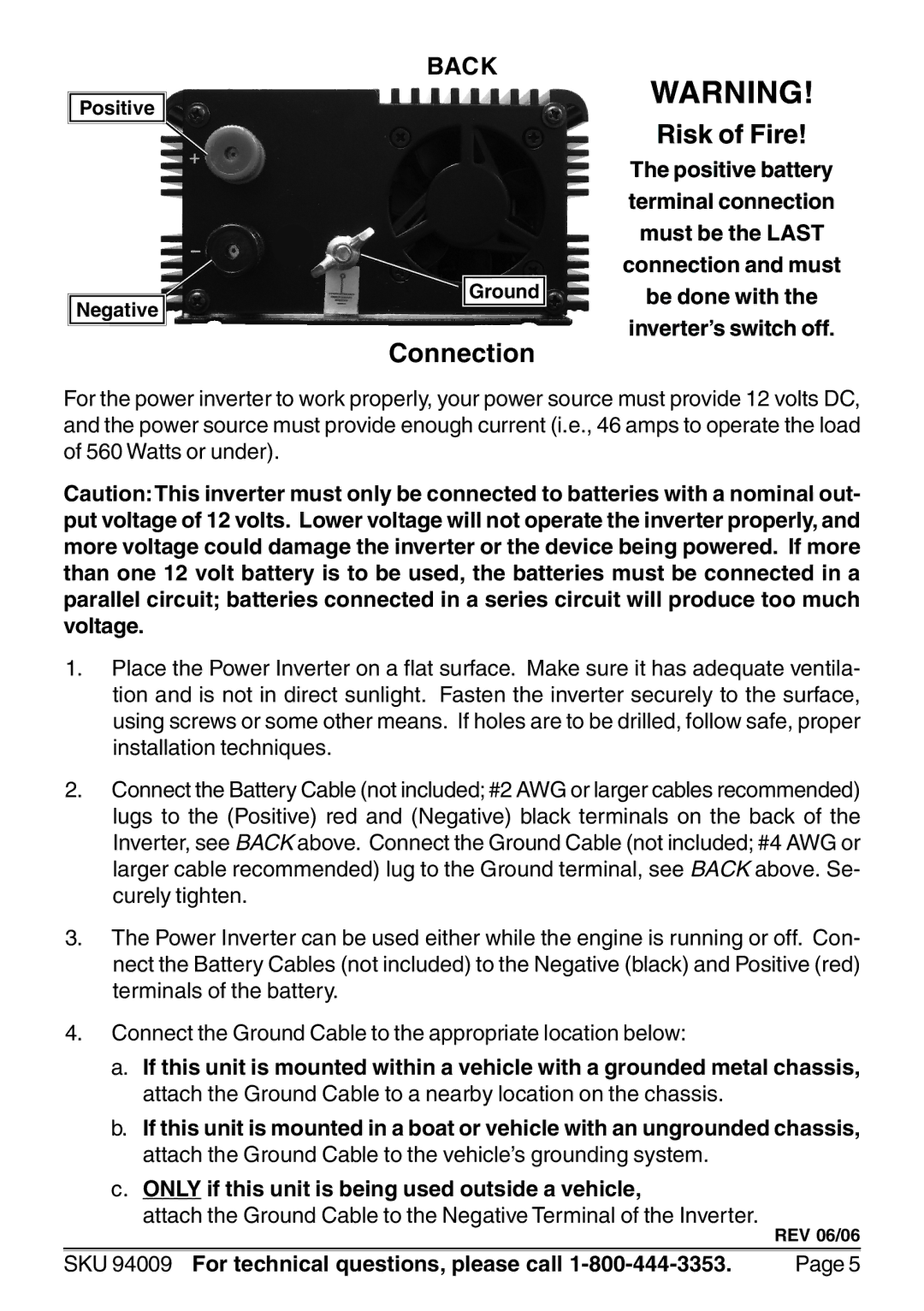 Chicago Electric 94009 operating instructions Risk of Fire, Connection 