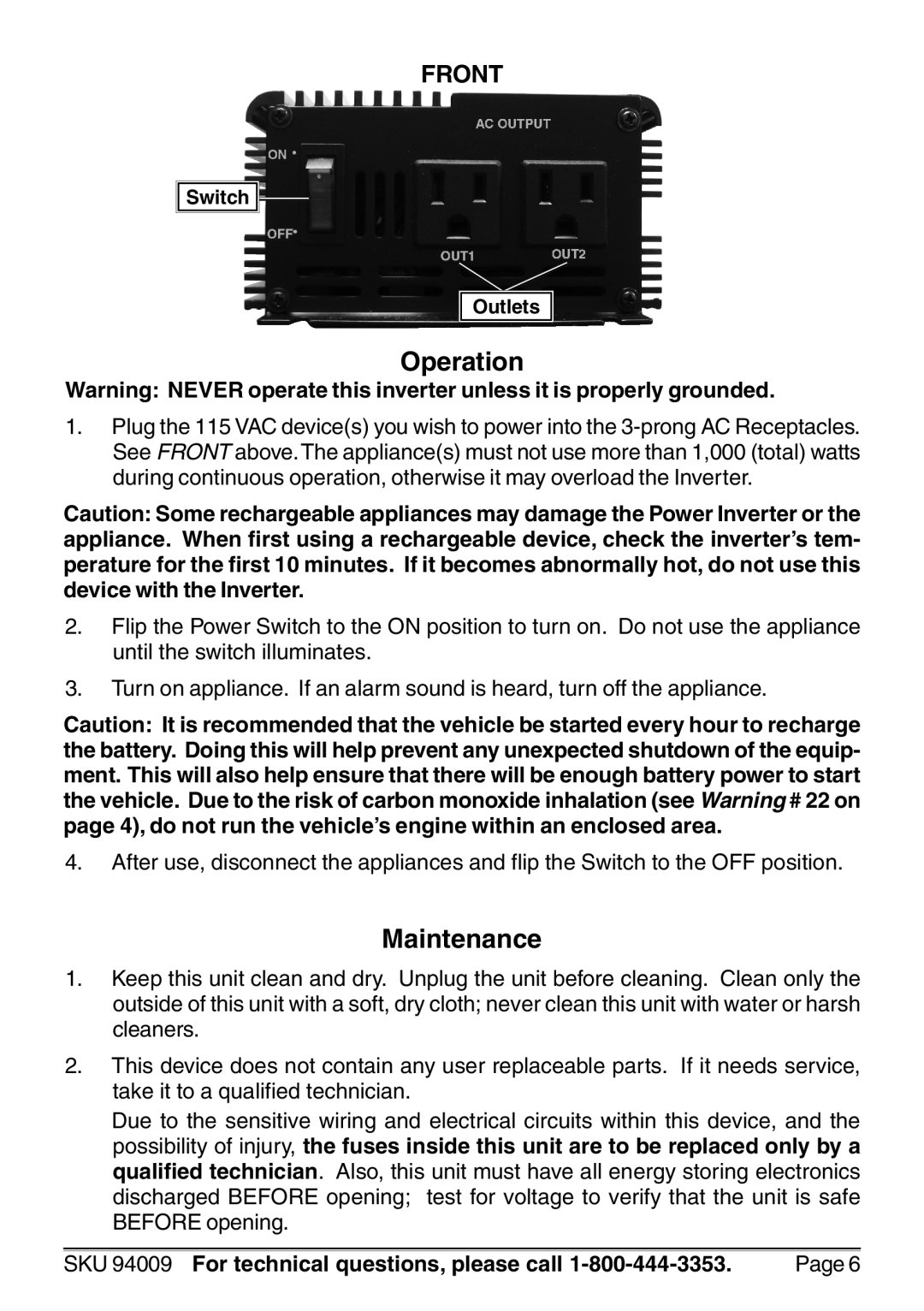 Chicago Electric 94009 operating instructions Operation, Maintenance 