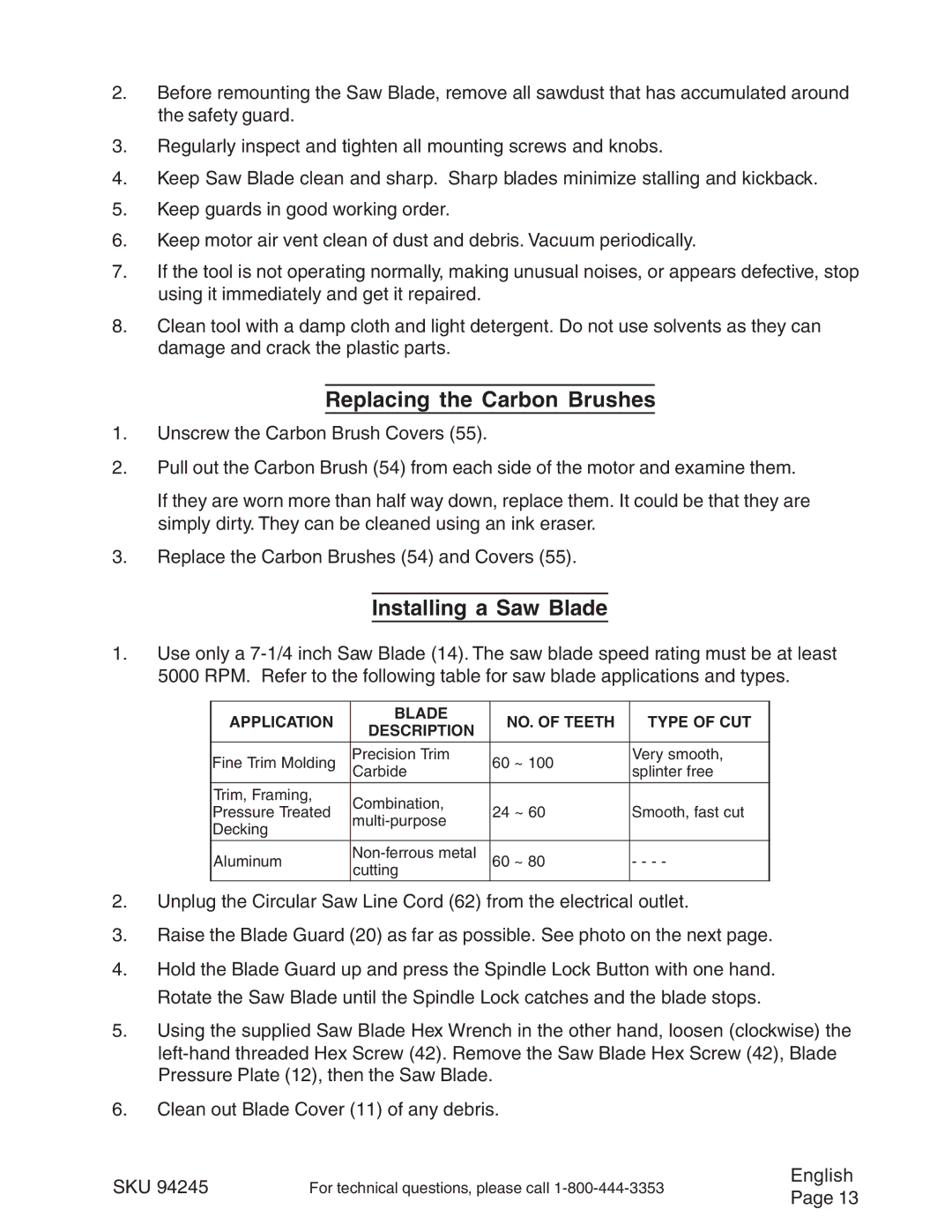 Chicago Electric 94245 operating instructions Replacing the Carbon Brushes, Installing a Saw Blade 