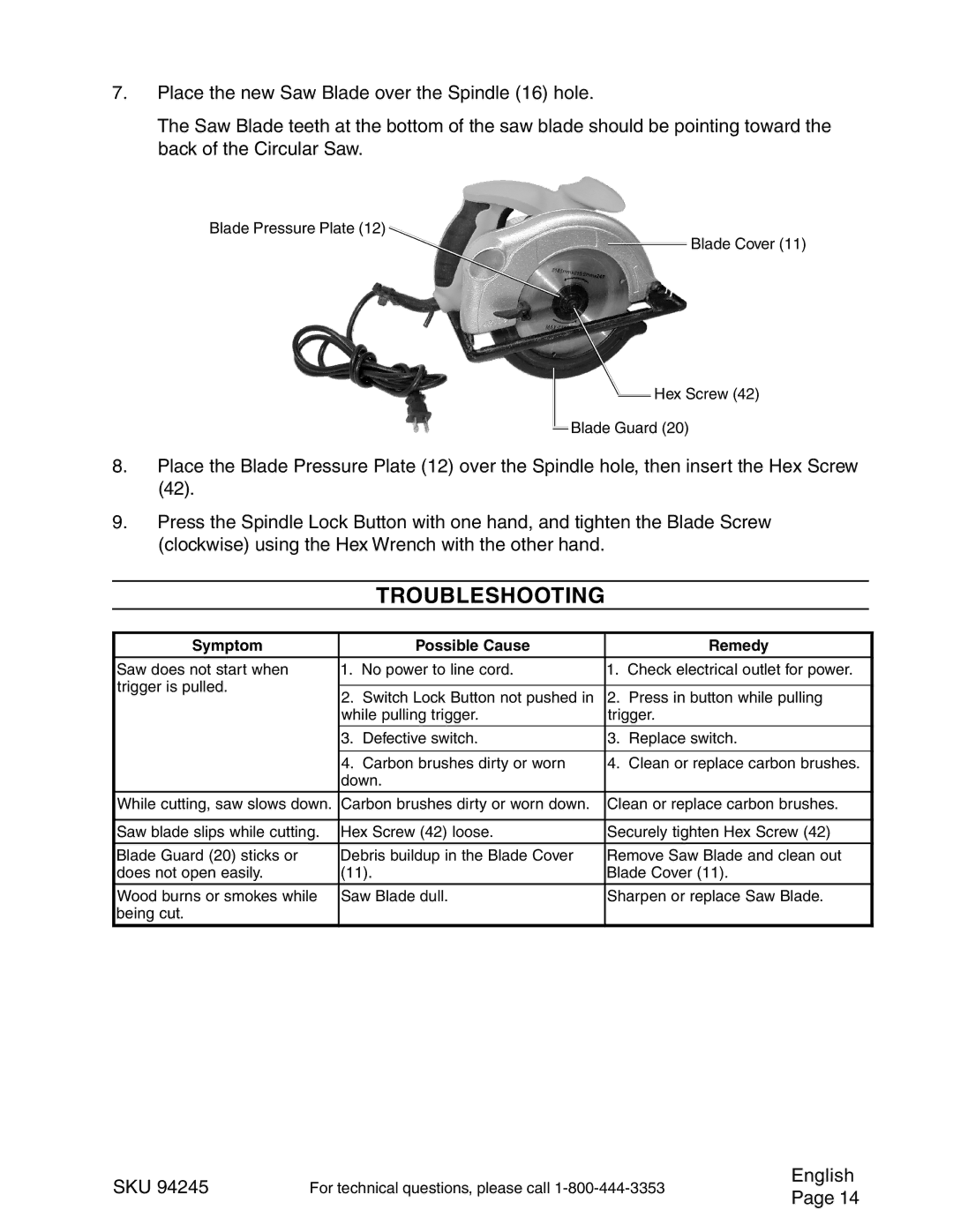 Chicago Electric 94245 operating instructions Troubleshooting, Symptom Possible Cause Remedy 