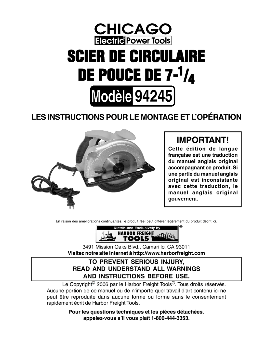 Chicago Electric 94245 operating instructions Scier DE Circulaire DE Pouce DE 7-1/4 