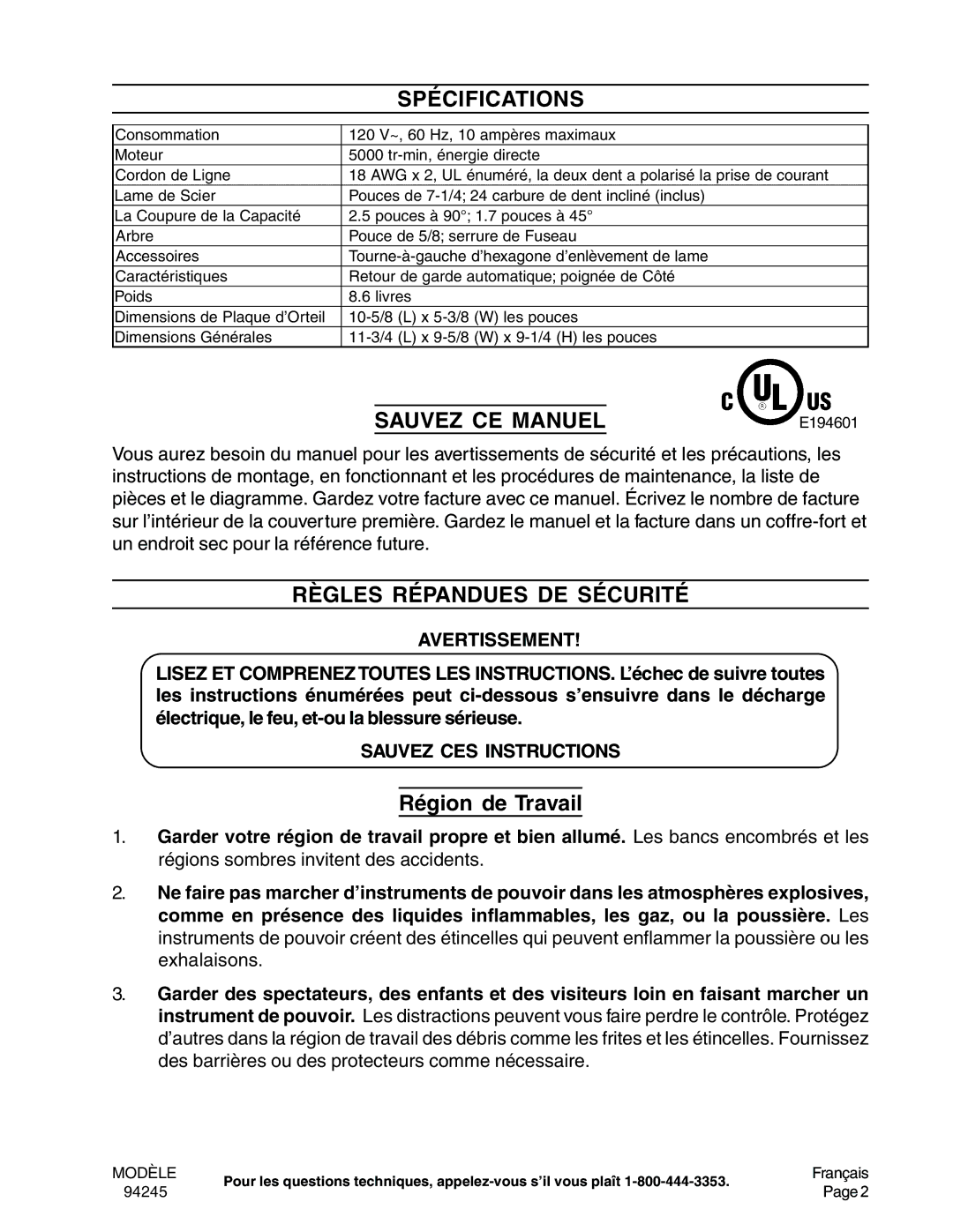 Chicago Electric 94245 Spécifications, Sauvez CE Manuel, Règles Répandues DE Sécurité, Région de Travail 