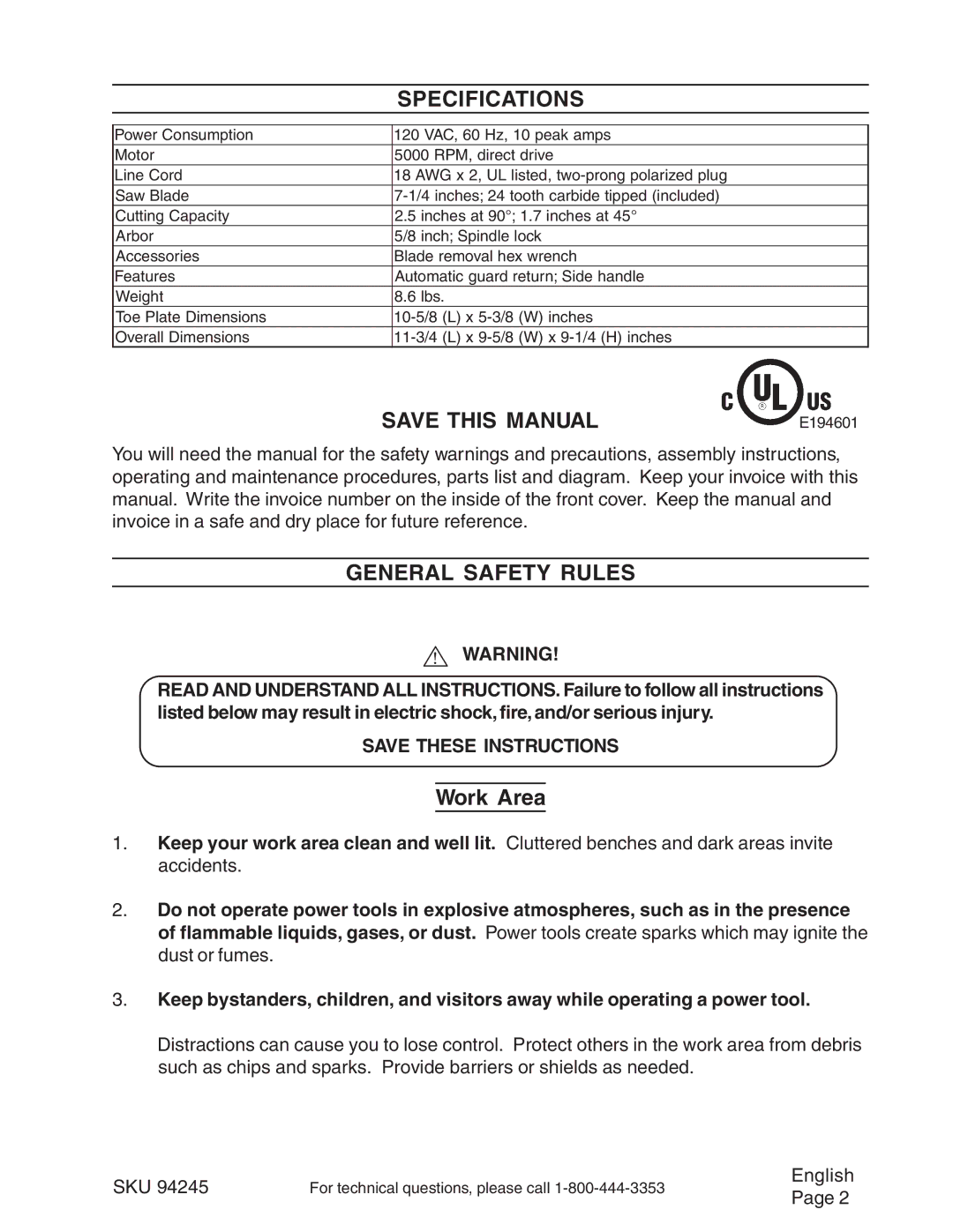 Chicago Electric 94245 operating instructions Specifications, Save this Manual, General Safety Rules, Work Area 