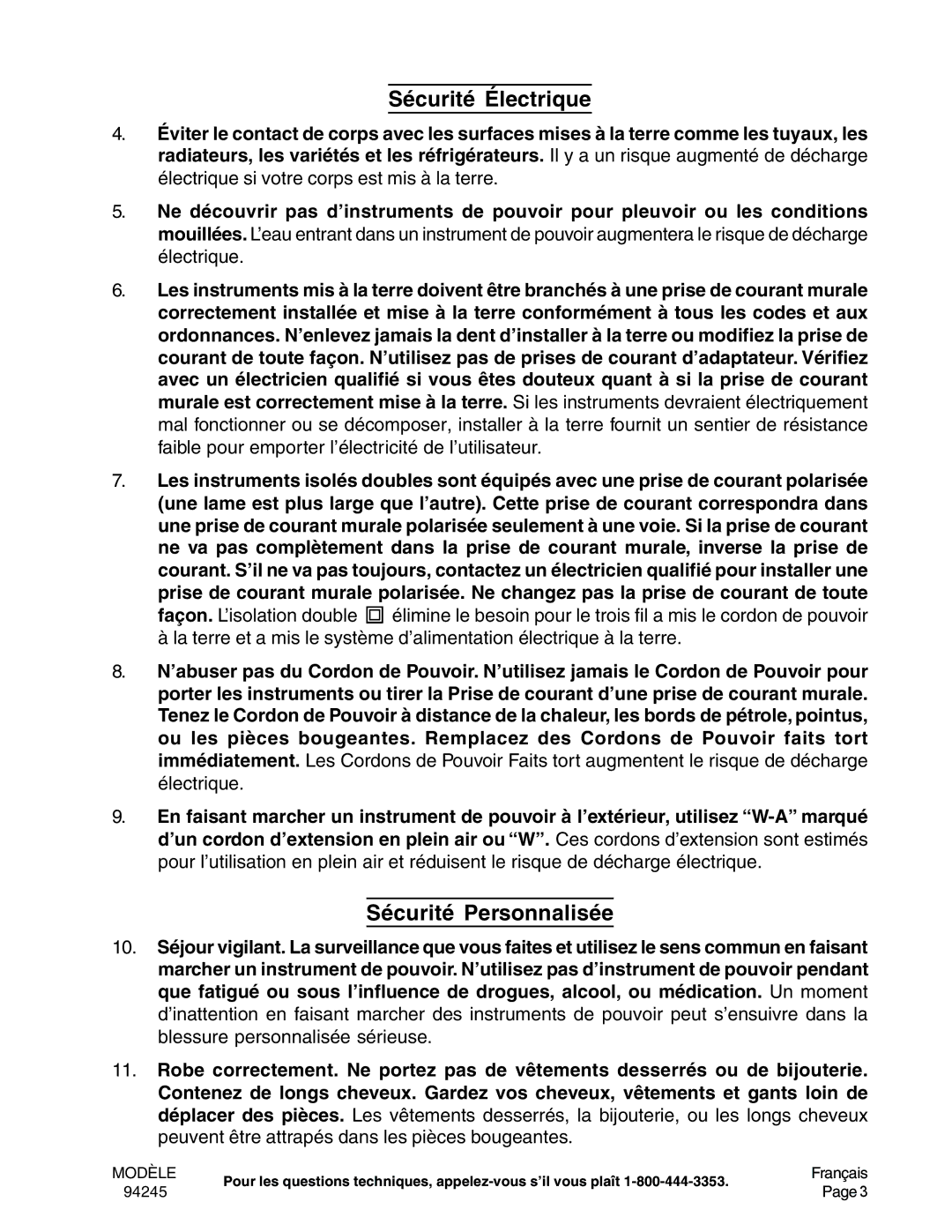 Chicago Electric 94245 operating instructions Sécurité Électrique, Sécurité Personnalisée 