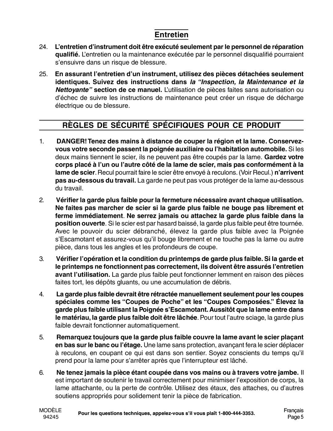 Chicago Electric 94245 operating instructions Entretien, Règles DE Sécurité Spécifiques Pour CE Produit 