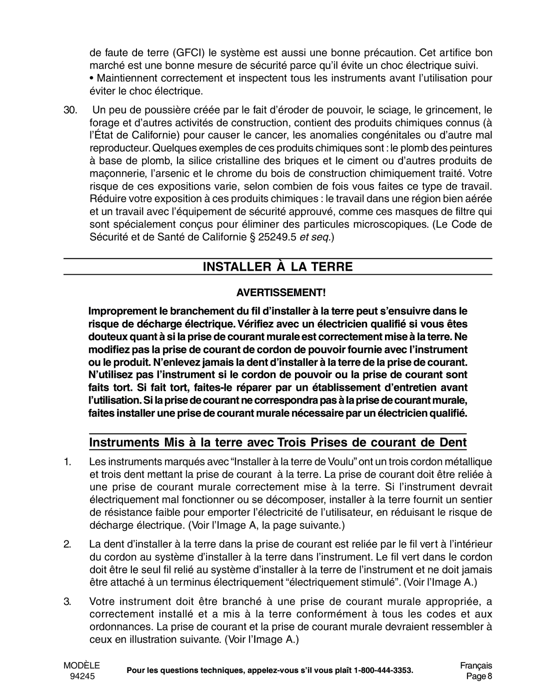 Chicago Electric 94245 operating instructions Installer À LA Terre 