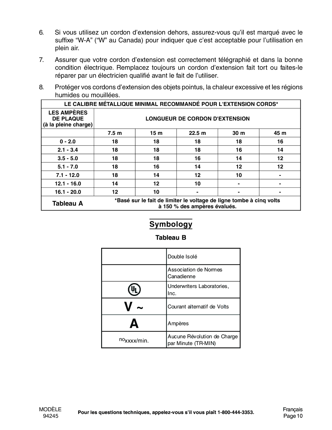 Chicago Electric 94245 operating instructions Symbology, Tableau B 