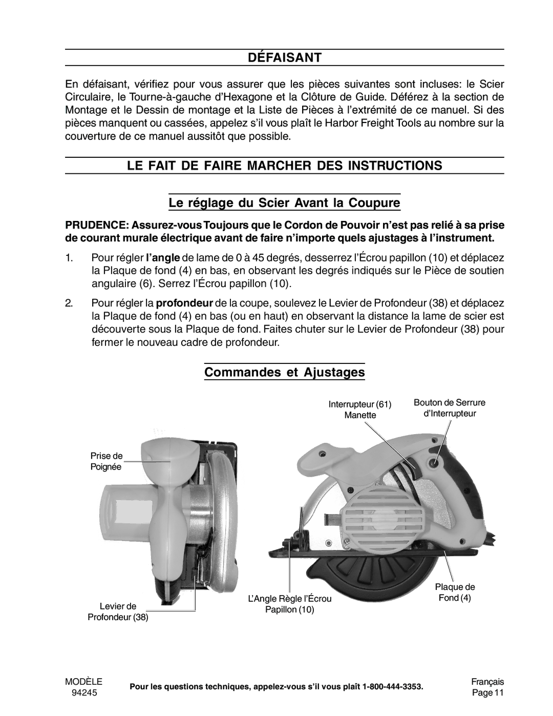 Chicago Electric 94245 Défaisant, LE Fait DE Faire Marcher DES Instructions, Le réglage du Scier Avant la Coupure 