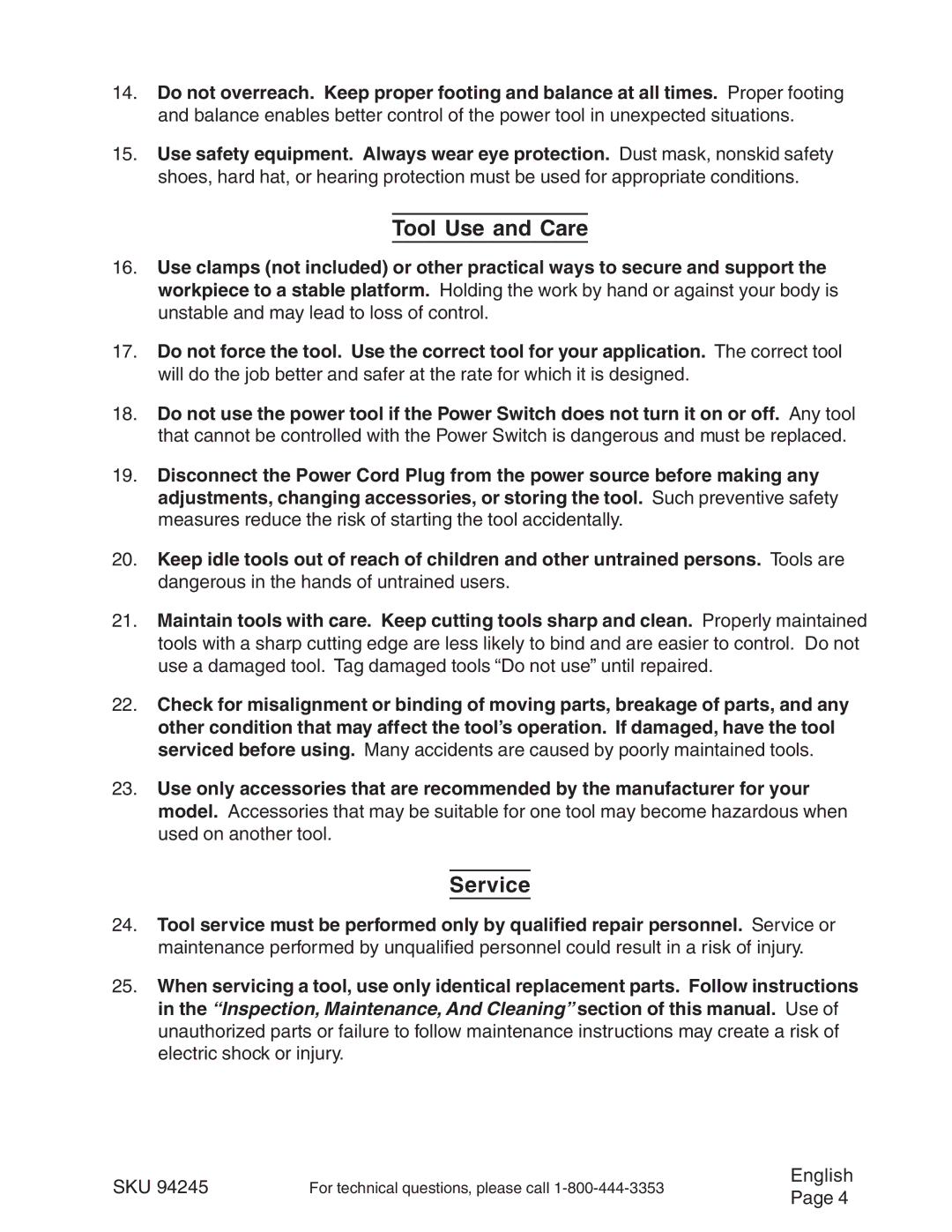 Chicago Electric 94245 operating instructions Tool Use and Care, Service 