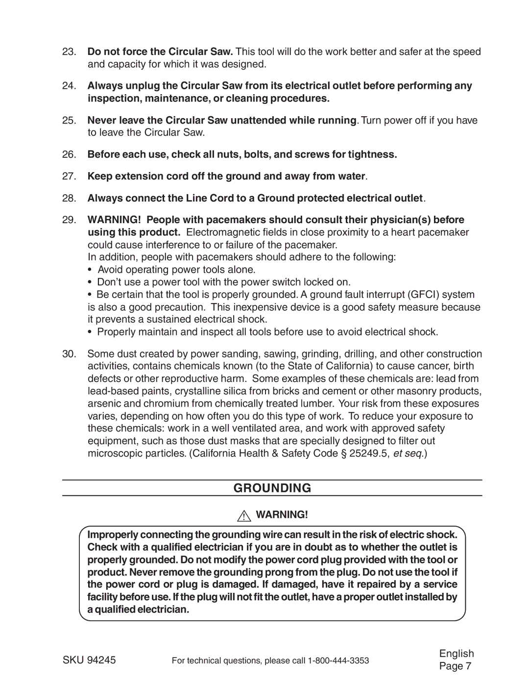 Chicago Electric 94245 operating instructions Grounding 