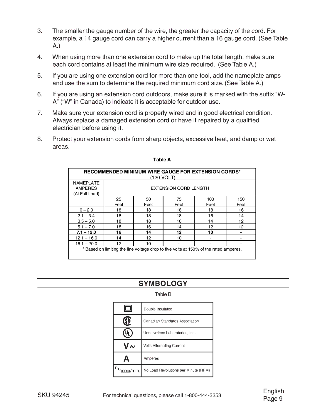 Chicago Electric 94245 operating instructions Symbology, Recommended Minimum Wire Gauge for Extension Cords 