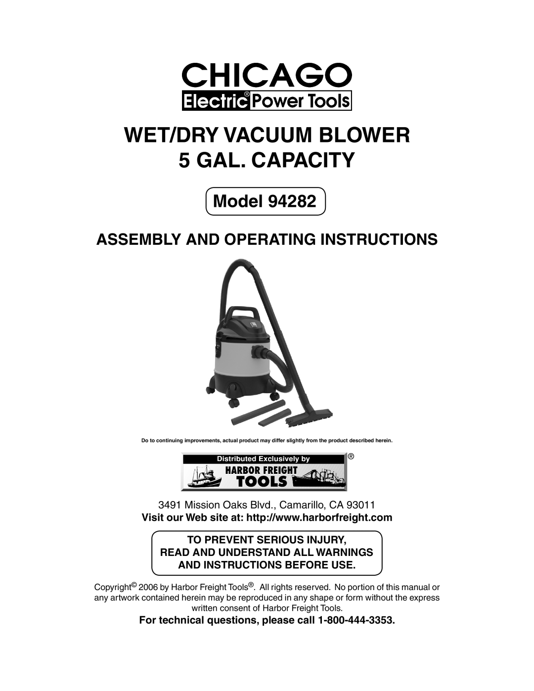 Chicago Electric 94282 manual WET/DRY Vacuum Blower GAL. Capacity, For technical questions, please call 