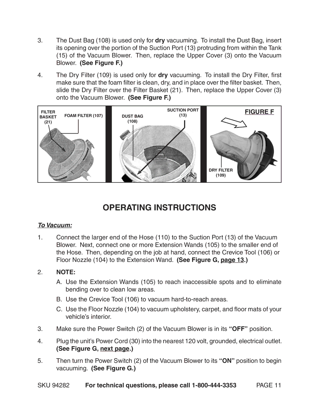 Chicago Electric 94282 manual Operating Instructions, See Figure G, next 