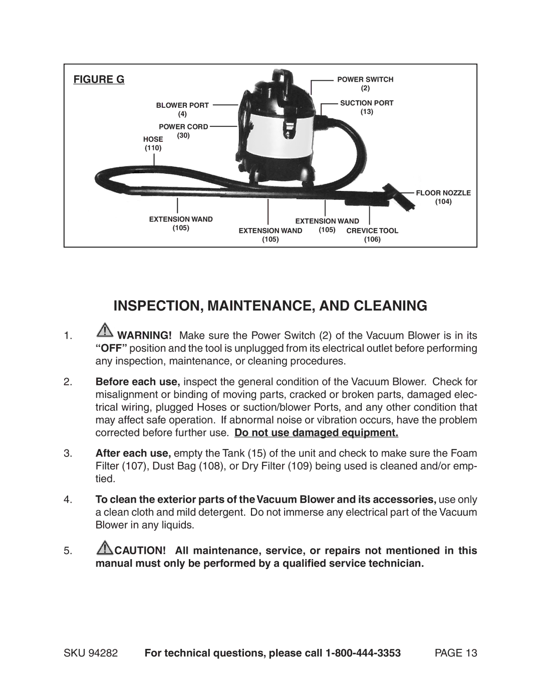 Chicago Electric 94282 manual INSPECTION, MAINTENANCE, and Cleaning, Figure G 