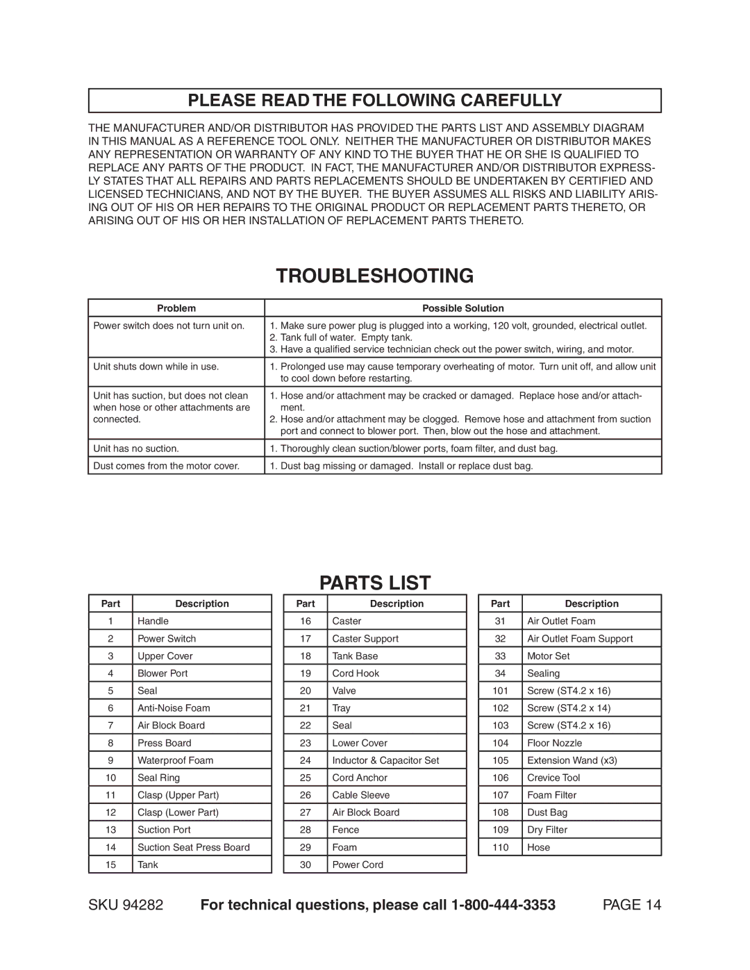 Chicago Electric 94282 manual Troubleshooting, Parts List, Please Read the Following Carefully 