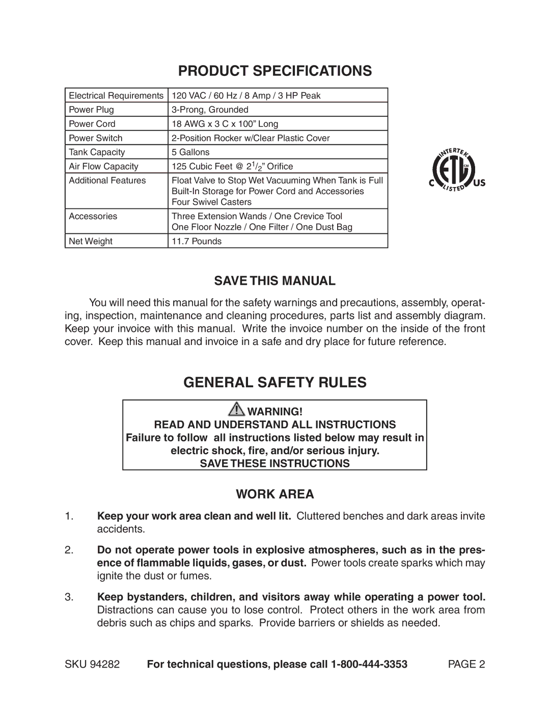 Chicago Electric 94282 manual Product Specifications, General Safety Rules, Save this Manual, Work Area 