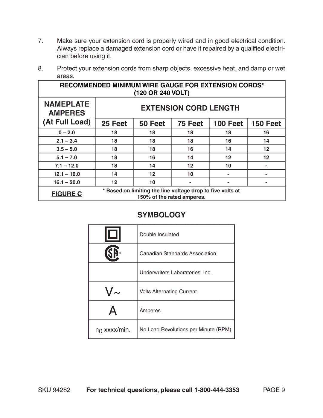 Chicago Electric 94282 manual Nameplate Extension Cord Length, Symbology, 120 or 240 Volt 