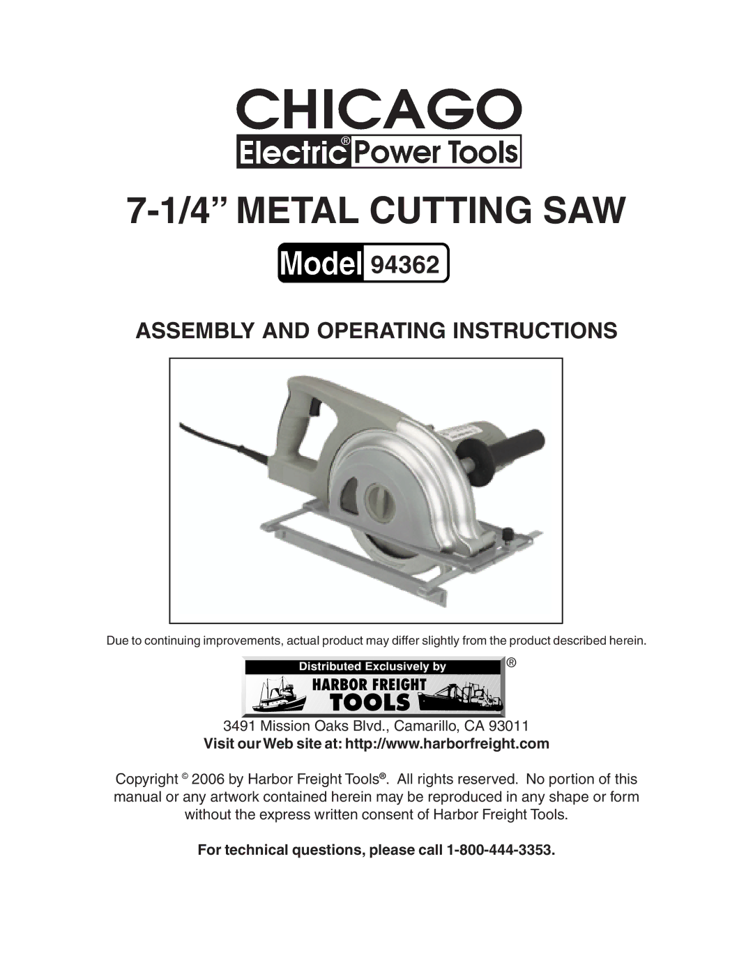 Chicago Electric 94362 operating instructions Metal Cutting SAW, For technical questions, please call 